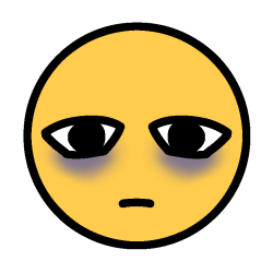 an emoji face with tired eyes, open, and a neutral mouth. they have bags under their eyes.